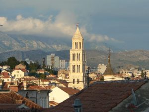 Croatia, Split City: steeple and mountains at sunset
