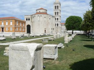 Croatia, Zadar City: Roman forum ruins in foreground, St