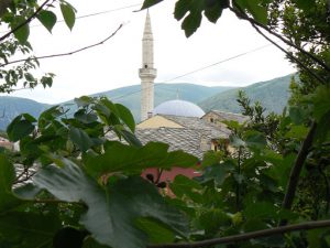 Bosnia-Herzegovina, Mostar City: leafy view of mosque and mountains