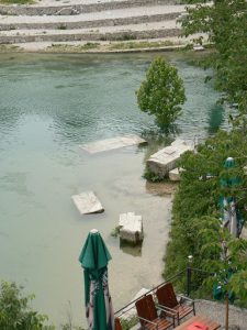 Bosnia-Herzegovina, Mostar City: remnants of the old bridge after being