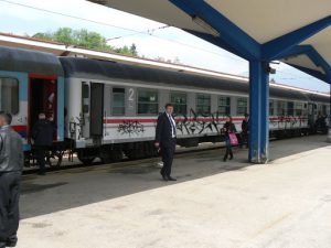 Bosnia-Herzegovina, Sarajevo City: graffiti marked train at station