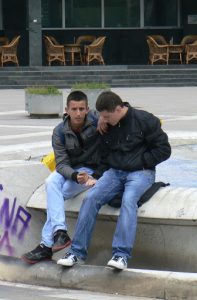 Bosnia-Herzegovina, Sarajevo City: typical youth dress, jeans and black jackets