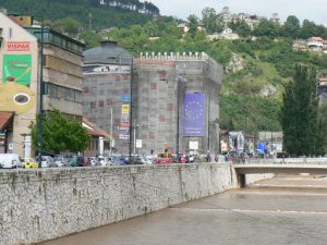 Bosnia-Herzegovina, Sarajevo City: along the Miljacka River downtown;  National Library