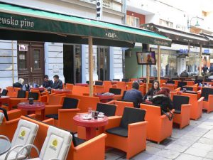 Bosnia-Herzegovina, Sarajevo City: colorful cafe seating