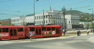 Bosnia-Herzegovina, Sarajevo City: trolley in front of USA embassy