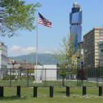 Bosnia-Herzegovina, Sarajevo City: modern twisting office seen from American Embassy