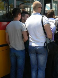 Bosnia-Herzegovina, Sarajevo City: gay guys waiting to board a bus