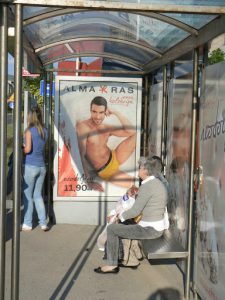 Bosnia-Herzegovina, Sarajevo City: bus stop with risque underwear poster