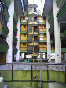 Bosnia-Herzegovina, Sarajevo City: quirky communist era building interior courtyard