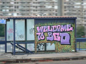 Serbia, Belgrade: graffiti welcome sign