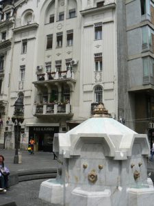 Serbia, Belgrade: water fountain and art deco building