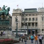 Serbia, Belgrade: Republic Plaza with opera house (?)  and equestrian