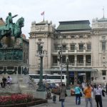 Serbia, Belgrade: Republic Plaza with opera house (?)  and equestrian