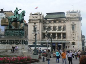 Serbia, Belgrade: Republic Plaza with opera house (?)  and equestrian