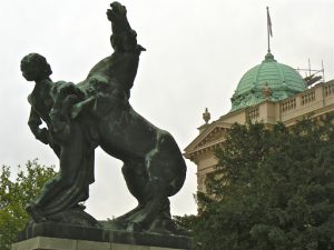 Serbia, Belgrade: second view of sculpture in front of parliament