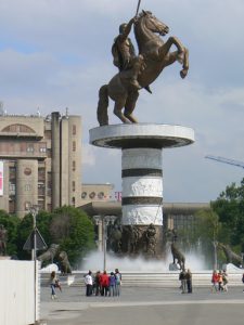 Macedonia, Skopje: Macedonia Plaza with  majestic equestrian statue of