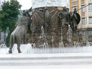 Macedonia, Skopje: Macedonia Plaza fountain detail with ancient Grecian soldiers