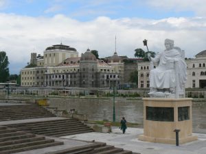 Macedonia, Skopje: looking across the Vardar River to the new