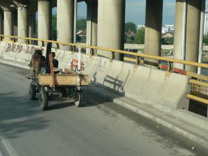 Macedonia, Skopje: Roma horse cart on a highway