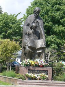 Macedonia, Lake Ohrid: central park statue of two saints