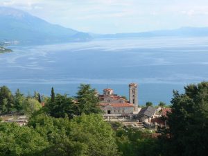 Macedonia, Lake Ohrid: view of Sveti Kliment church and lake