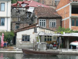 Macedonia, Lake Ohrid: waterfront old buildings