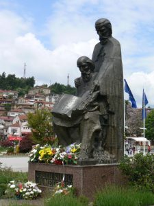 Macedonia, Lake Ohrid: central park statue of two saints