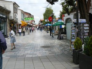 Macedonia, Lake Ohrid: central walkway with cafes and shops