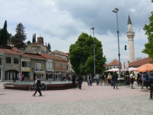 Macedonia, Lake Ohrid: a plaza with a church and a