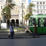 Trolley car in front of cathedral of St Vincent de