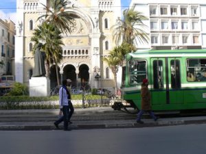 Trolley car in front of cathedral of St Vincent de