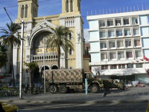 Military presence in front of cathedral of St Vincent de