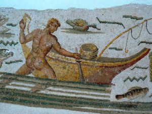 Tunisia: Bardo Museum mosaic detail of fisherman