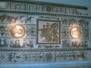 Tunisia: Bardo Museum huge ornate mosaic detail with centaurs pulling chariot