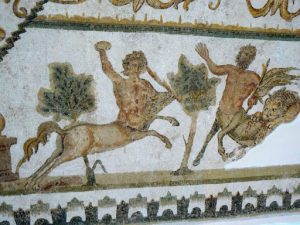 Tunisia: Bardo Museum mosaic detail of centaurs, one being attacked and