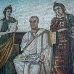Tunisia: Bardo Museum mosaic of poet Virgil surrounded by two muses: