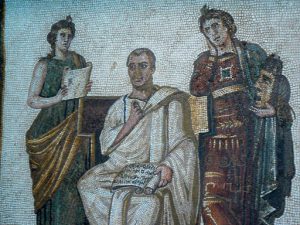 Tunisia: Bardo Museum mosaic of poet Virgil surrounded by two muses: