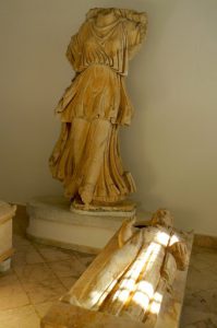 Tunisia: Carthage Museum - two Punic sarcophagi and statue