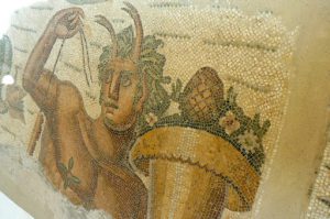Tunisia: Carthage Museum - mosaic detail;  notice tattoo (?) on