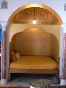 Tunisia, Sidi Bou Said, alcove bed in Ennejma Ezzahra  with