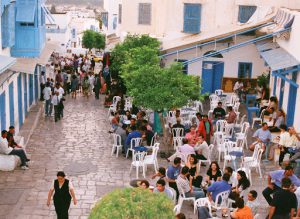 Tunisia, Sidi Bou Said tourists and cafes