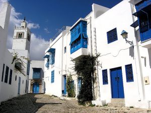 Tunisia, Sidi Bou Said back street with blue details
