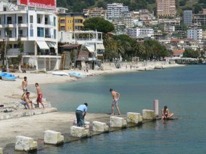 Albania, Saranda city - swimming area in the harbor; the cement