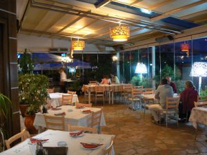 Albania, Saranda city - tourist restaurant at night