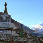 A Buddhist stupa at the base camp lends a spiritual