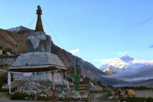 A Buddhist stupa at the base camp lends a spiritual