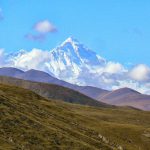 Tibet: first view of Mount Everest, about 50 miles away.