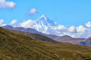 Tibet: first view of Mount Everest, about 50 miles away.