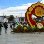 Tibet: Lhasa  Floral decoration in Barkhor Square  with Jokhang Temple