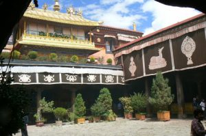 Tibet: Lhasa Courtyard tapestries of Jokhang Temple.